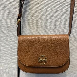 Tory Burch Pebbled Leather Crossbody in Cognac with Double-T Gold Logo